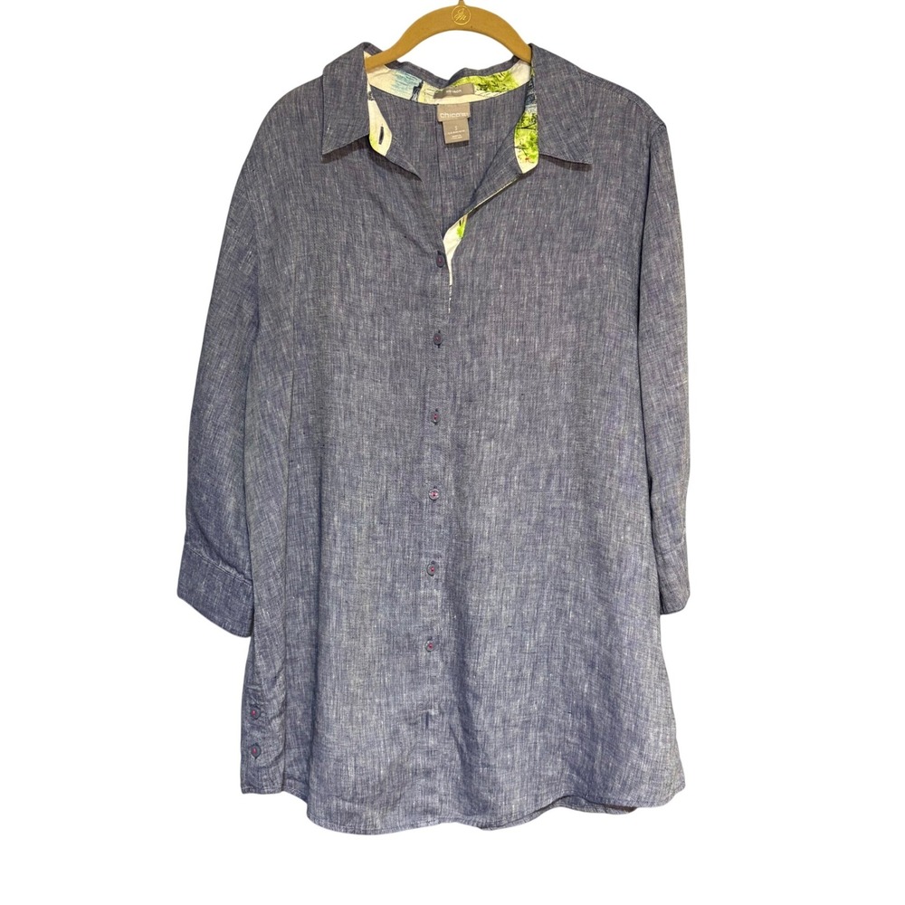 Chicos No Iron Blue Linen Button Down Shirt 3/4 Sleeve‎ Contrast Trim Size 3 XL